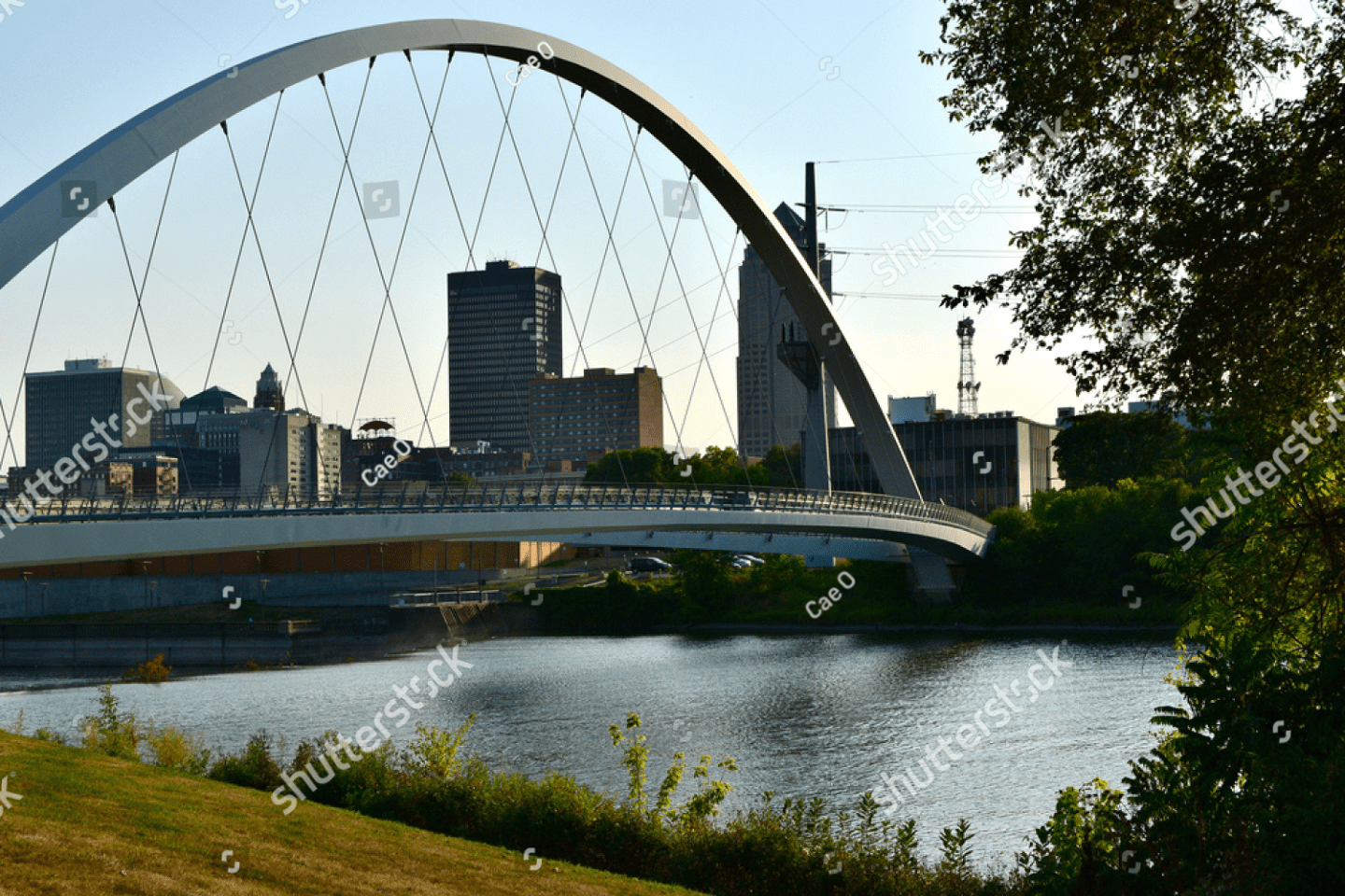 A modern arched bridge spans over a river with a city skyline and tall buildings in the background, surrounded by greenery.