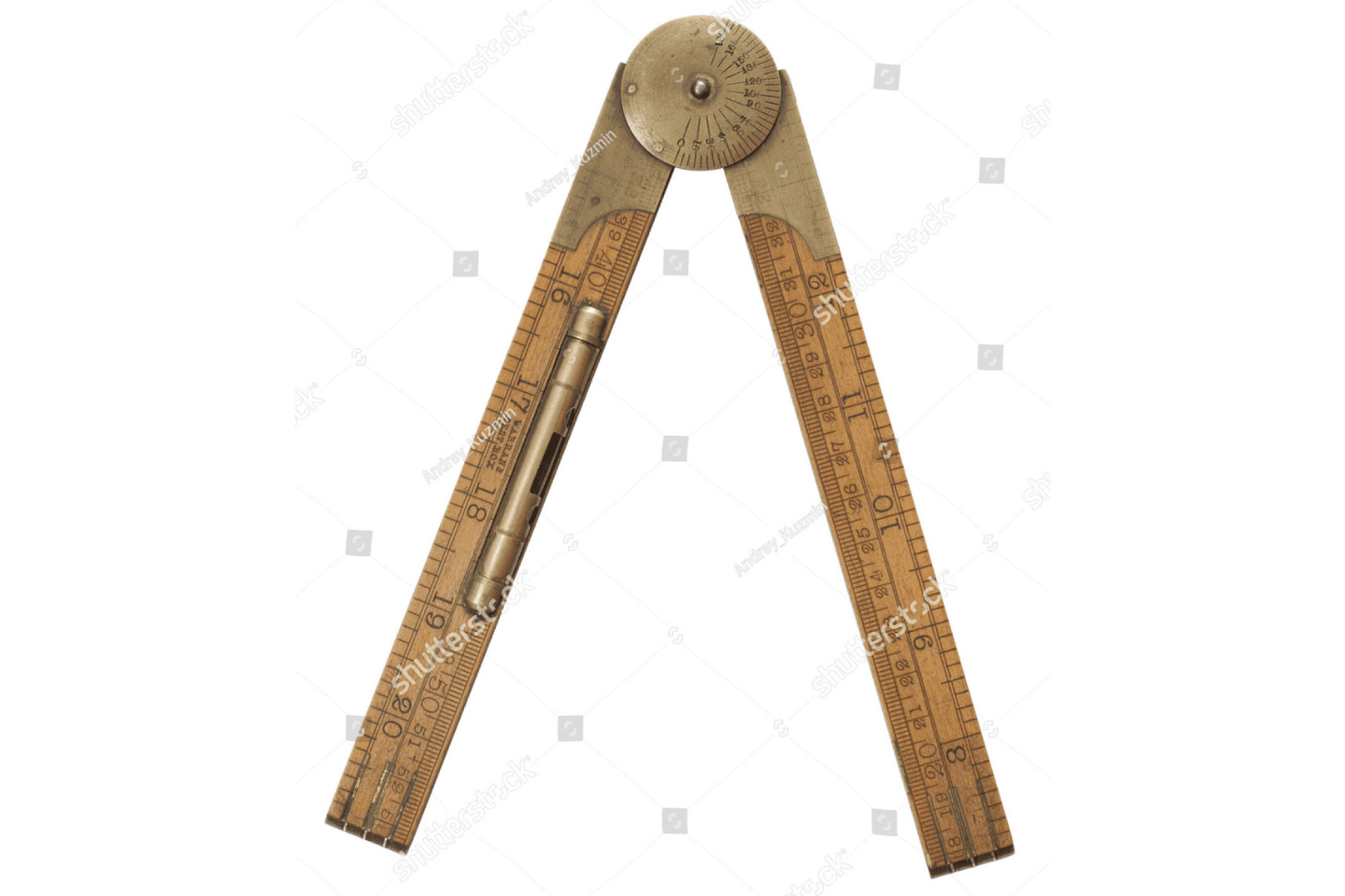 A vintage brass and wood sector ruler with measurement markings, shown open at an angle on a white background.